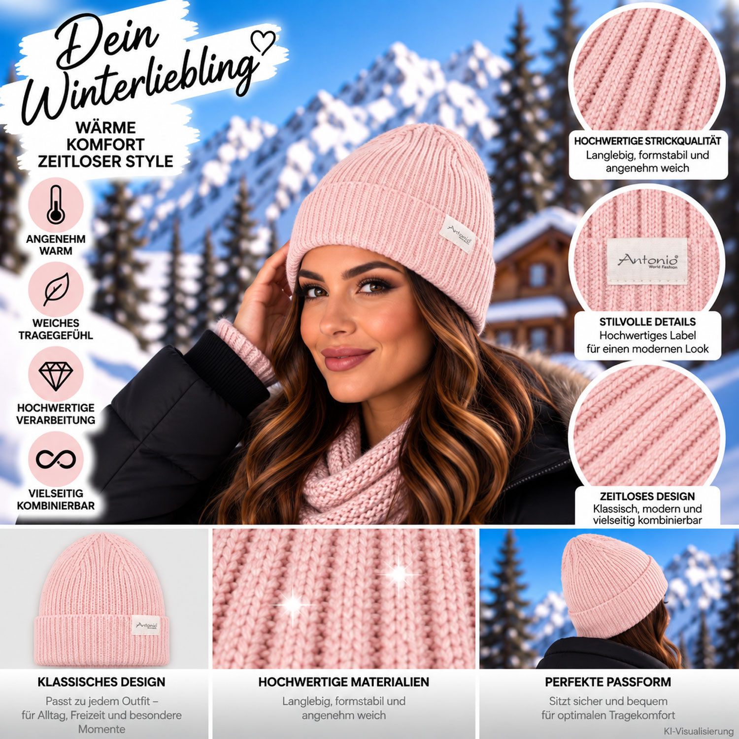 Antonio Winter Strickmütze Beanie mit Umschlag - rosé Abbildung 3