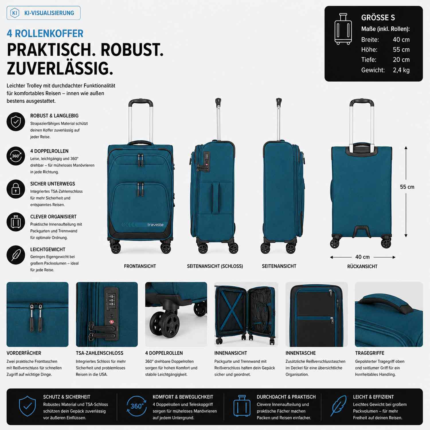 Travelite 4-Rad Trolley S Kick Off petrol Abbildung 2