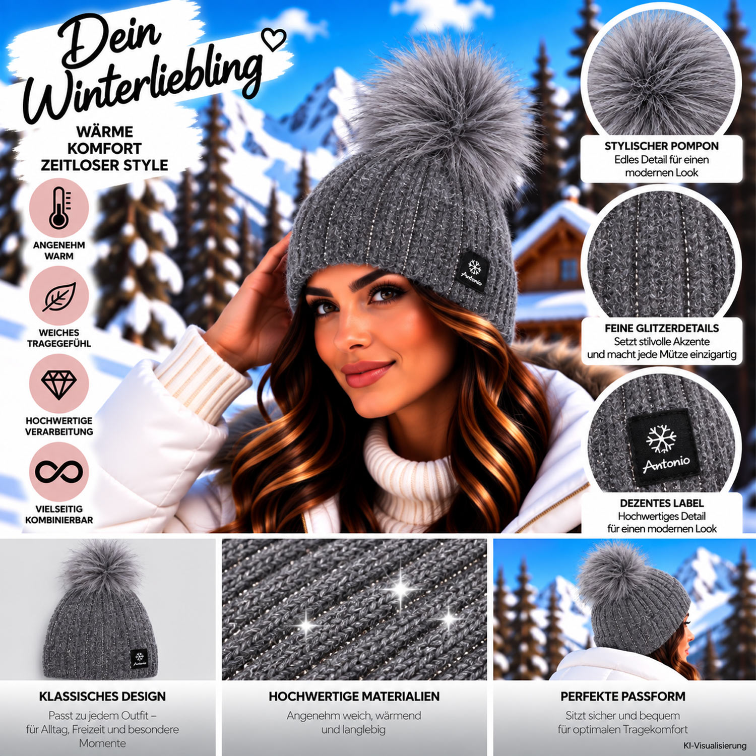 Antonio Damen Winter Strick Mütze Beanie - dark grey Abbildung 3