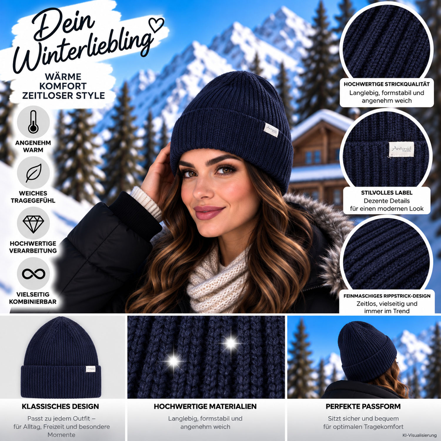 Antonio Winter Strickmütze Beanie mit Umschlag - navy Abbildung 3
