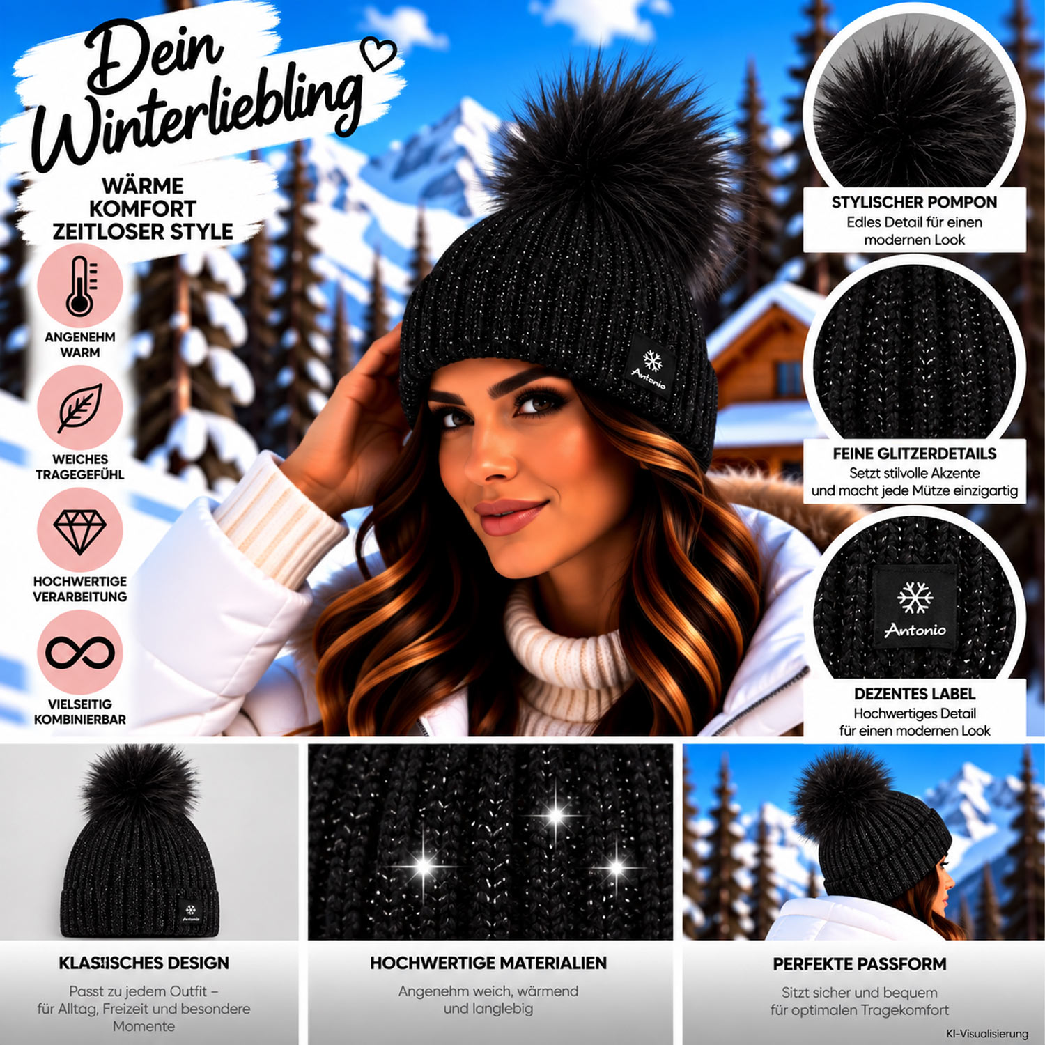 Antonio Damen Winter Strick Mütze Beanie - schwarz Abbildung 3