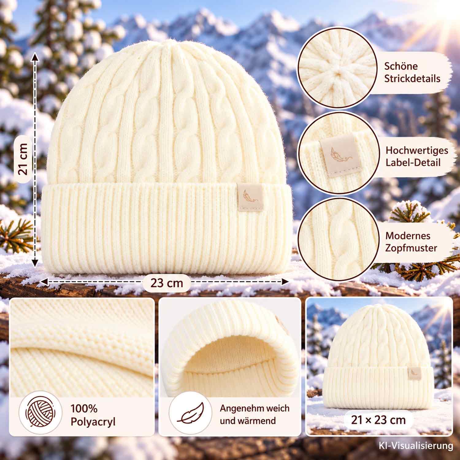 Cashmera Beanie Strickmütze mit Zopfmuster und Umschlag - off white Abbildung 3