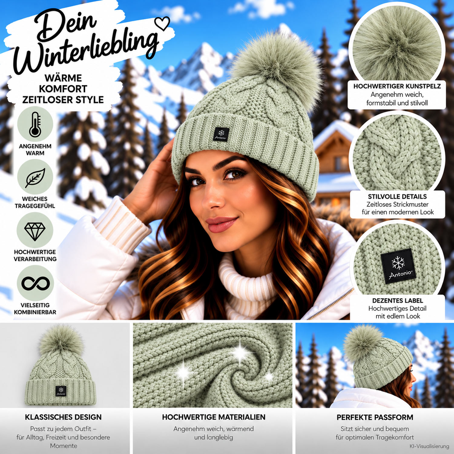 Antonio Damen Strick Mütze Beanie - grün Abbildung 3