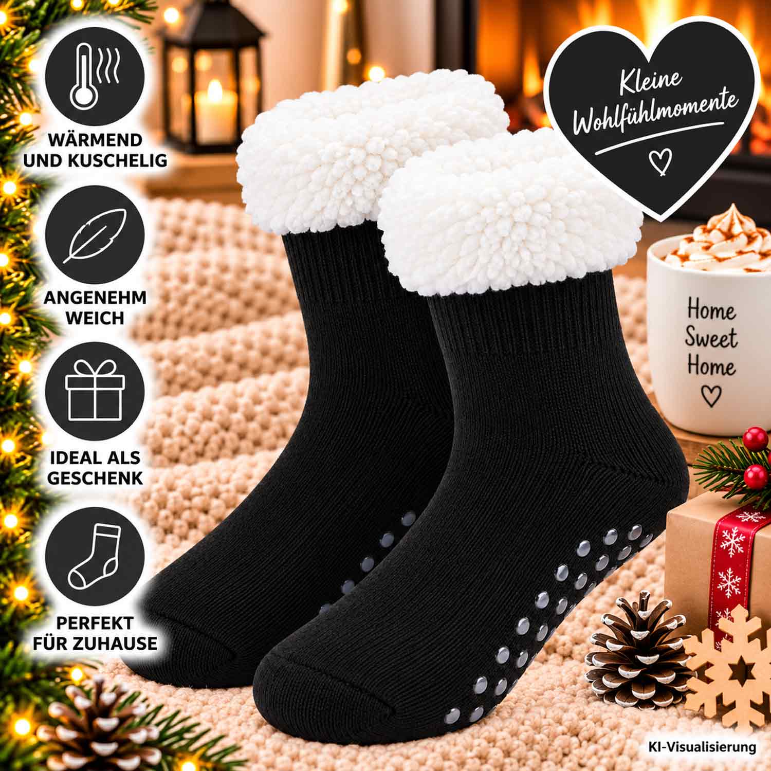 Antonio Herren Hüttensocken Gr. 42-47 ABS Sohle - schwarz Abbildung 3