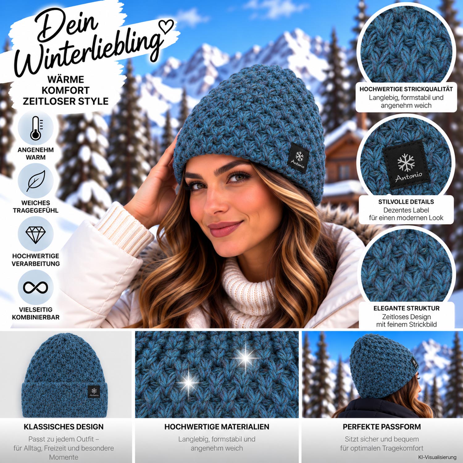 Antonio Damen Winter Strickmütze - petrol Abbildung 3