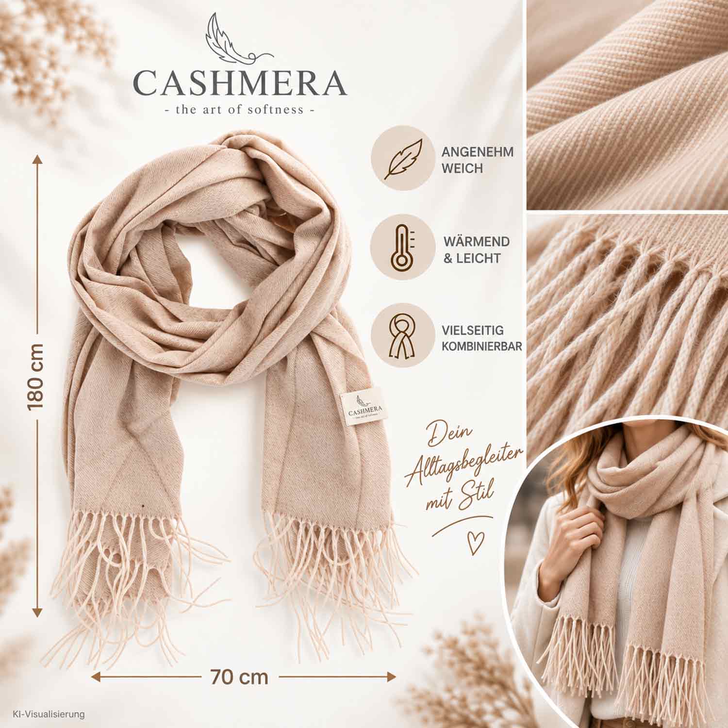Cashmera Damen Winterschal - beige Abbildung 3