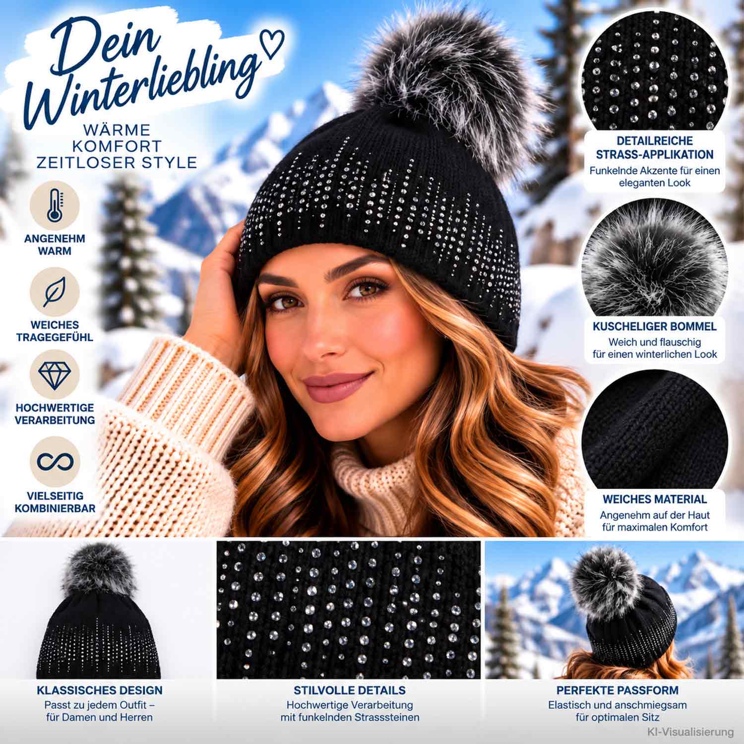 Antonio Strick Mütze Beanie mit Bommel W23/24 schwarz Abbildung 3