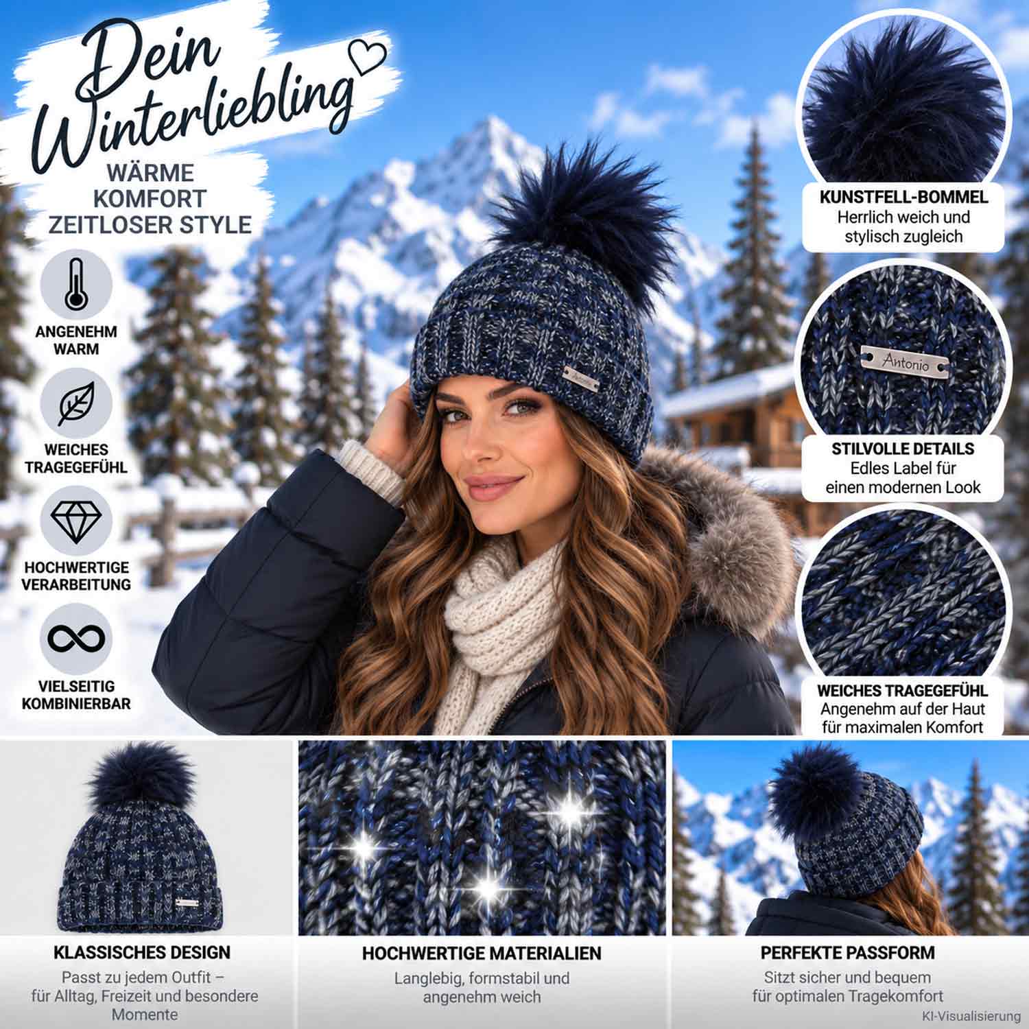 Antonio Damen Strick Mütze Beanie - navy Abbildung 3