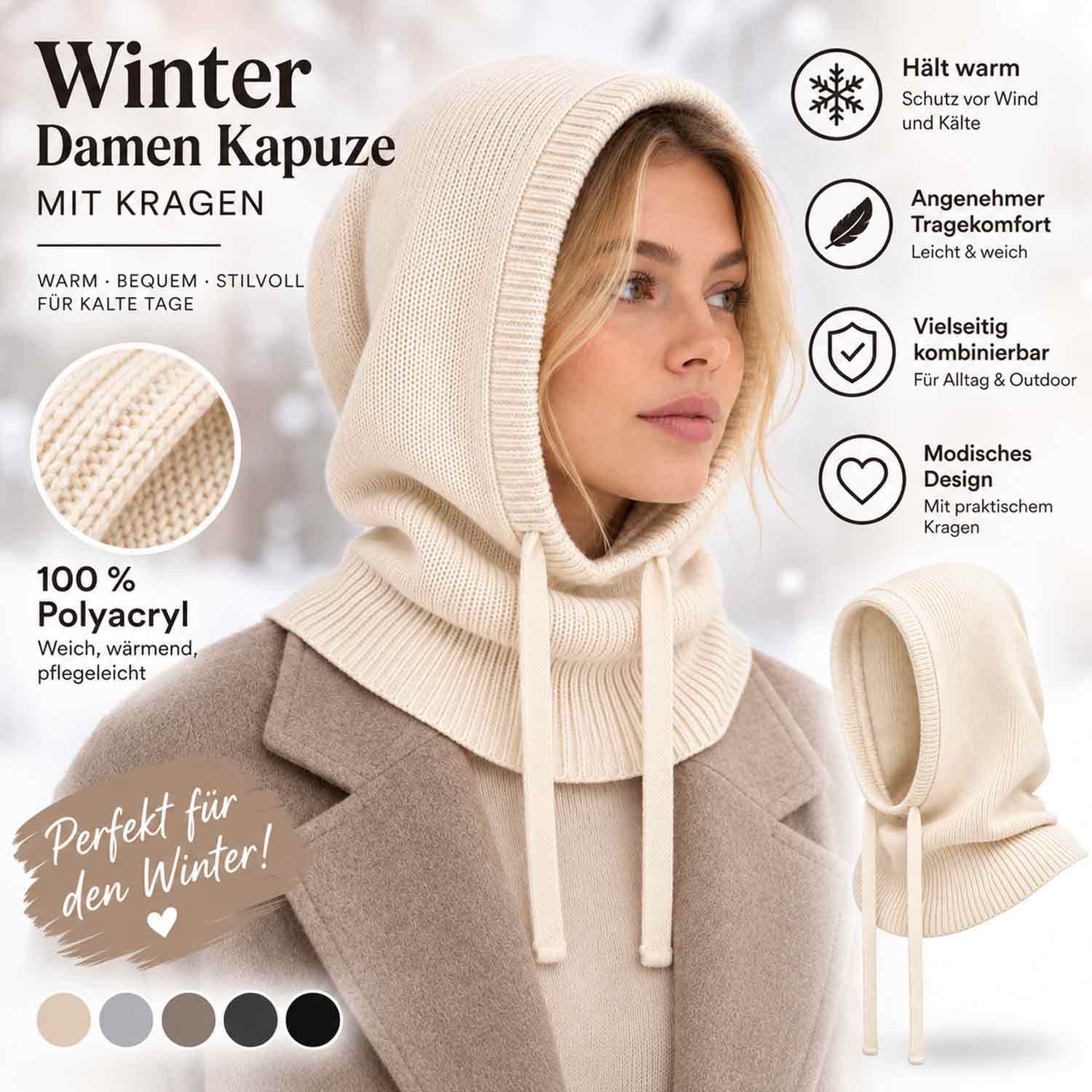 Cashmera Winter Damen Kapuze Mit Kragen - off white Abbildung 3