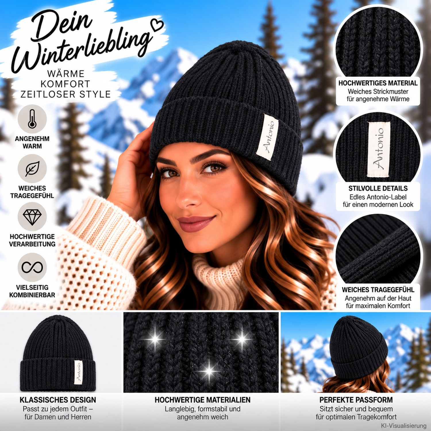 Antonio Winter Strickmütze Beanie mit Umschlag - Black Abbildung 3