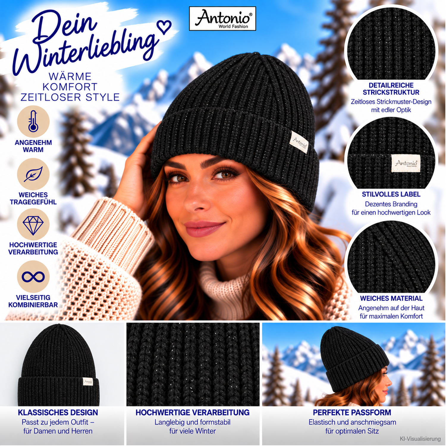 Antonio Strickmütze Beanie mit Lurex und Umschlag - Black Abbildung 3