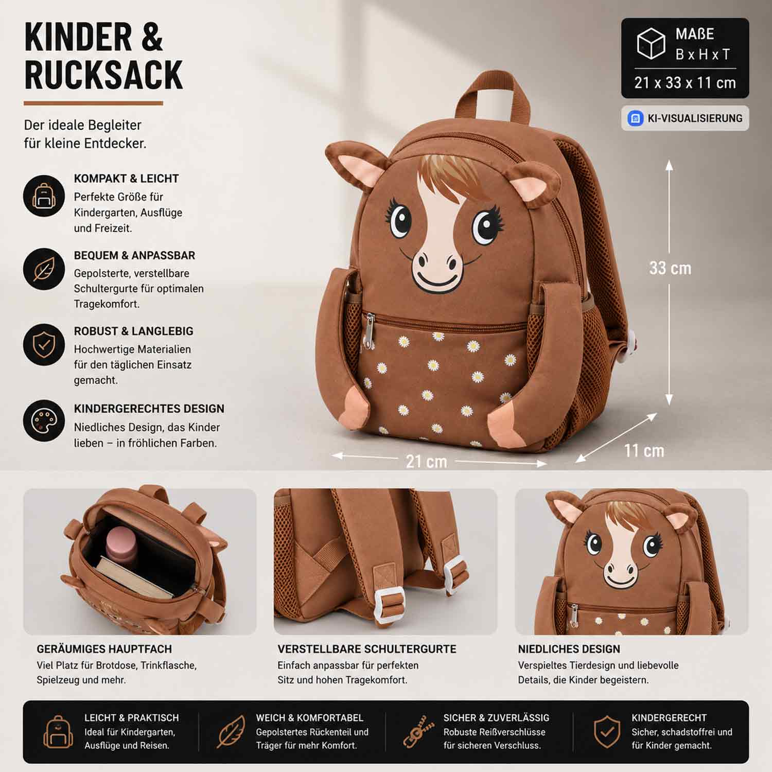 Antonio Kinder Rucksack - Brown horse Abbildung 3