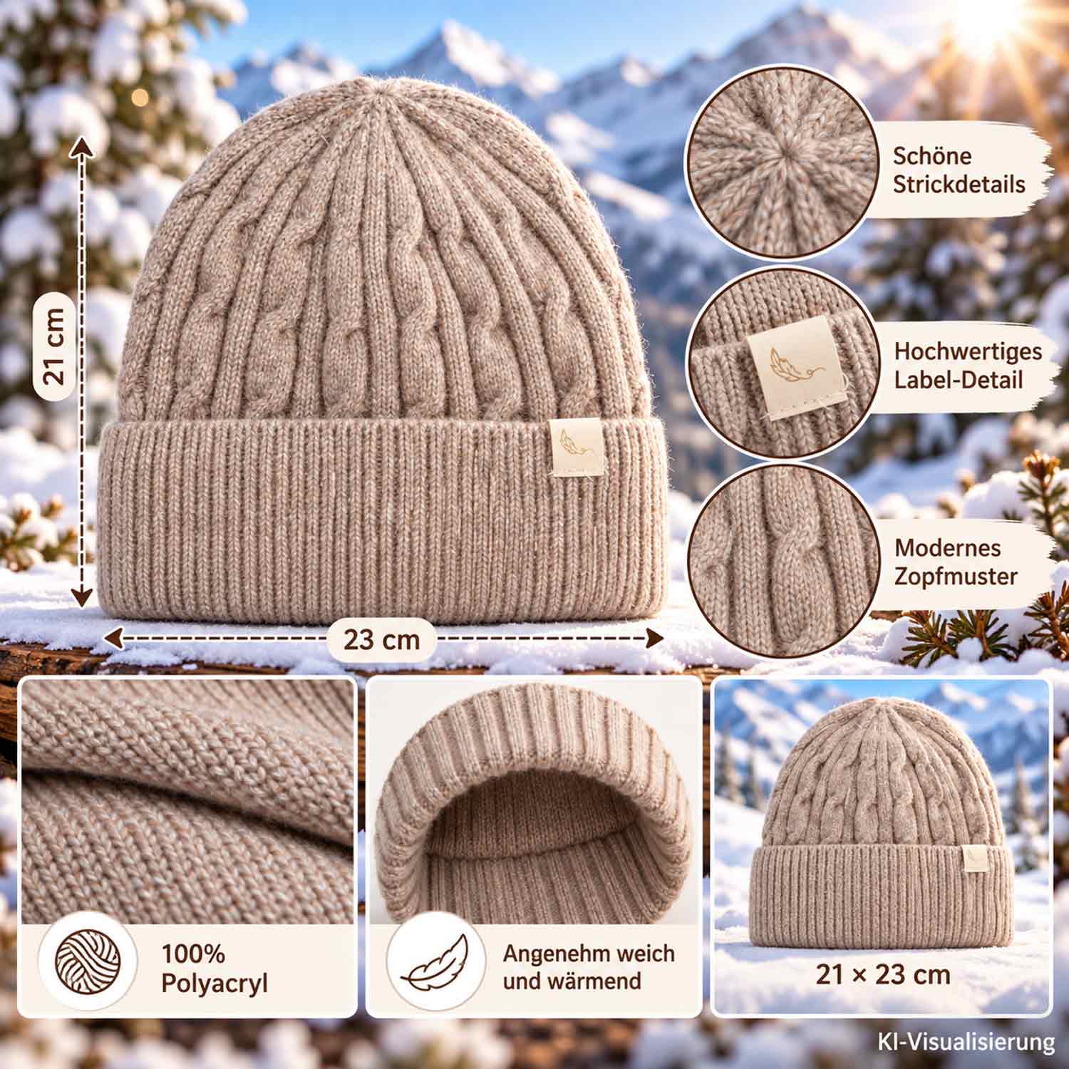 Cashmera Beanie Strickmütze mit Zopfmuster und Umschlag - khaki Abbildung 3