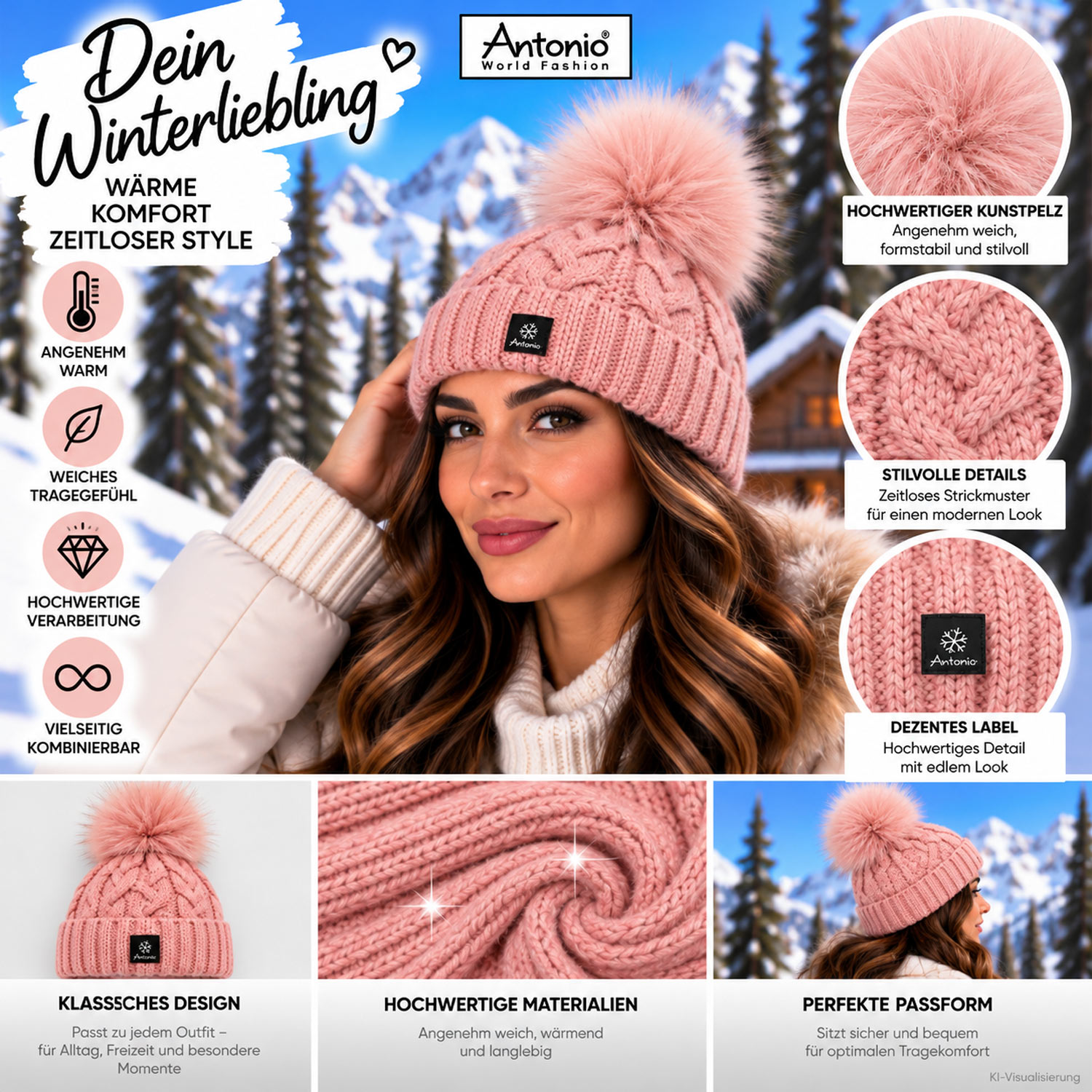 Antonio Damen Strick Mütze Beanie - rose Abbildung 3
