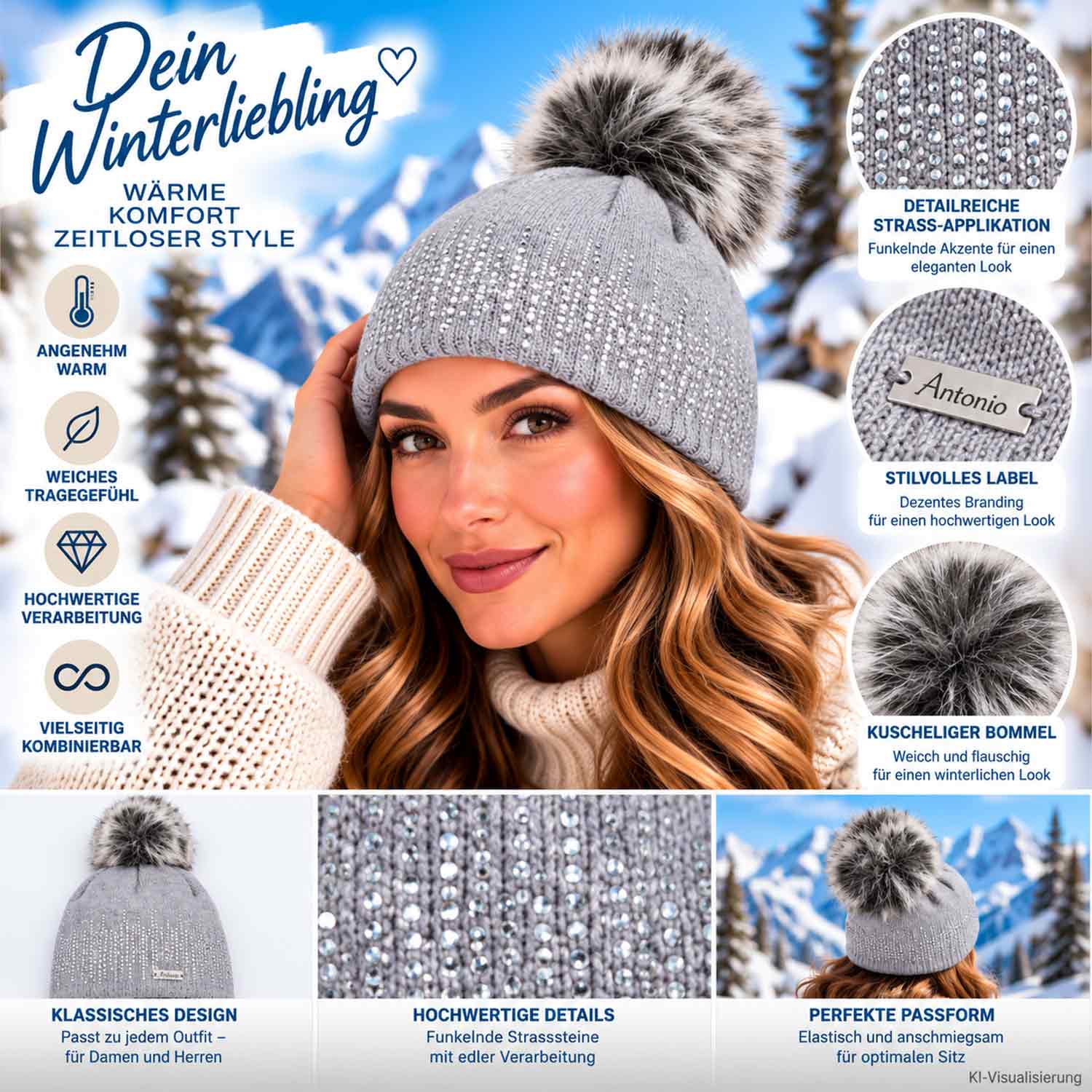 Antonio Strick Mütze Beanie mit Bommel W23/24 grau Abbildung 3