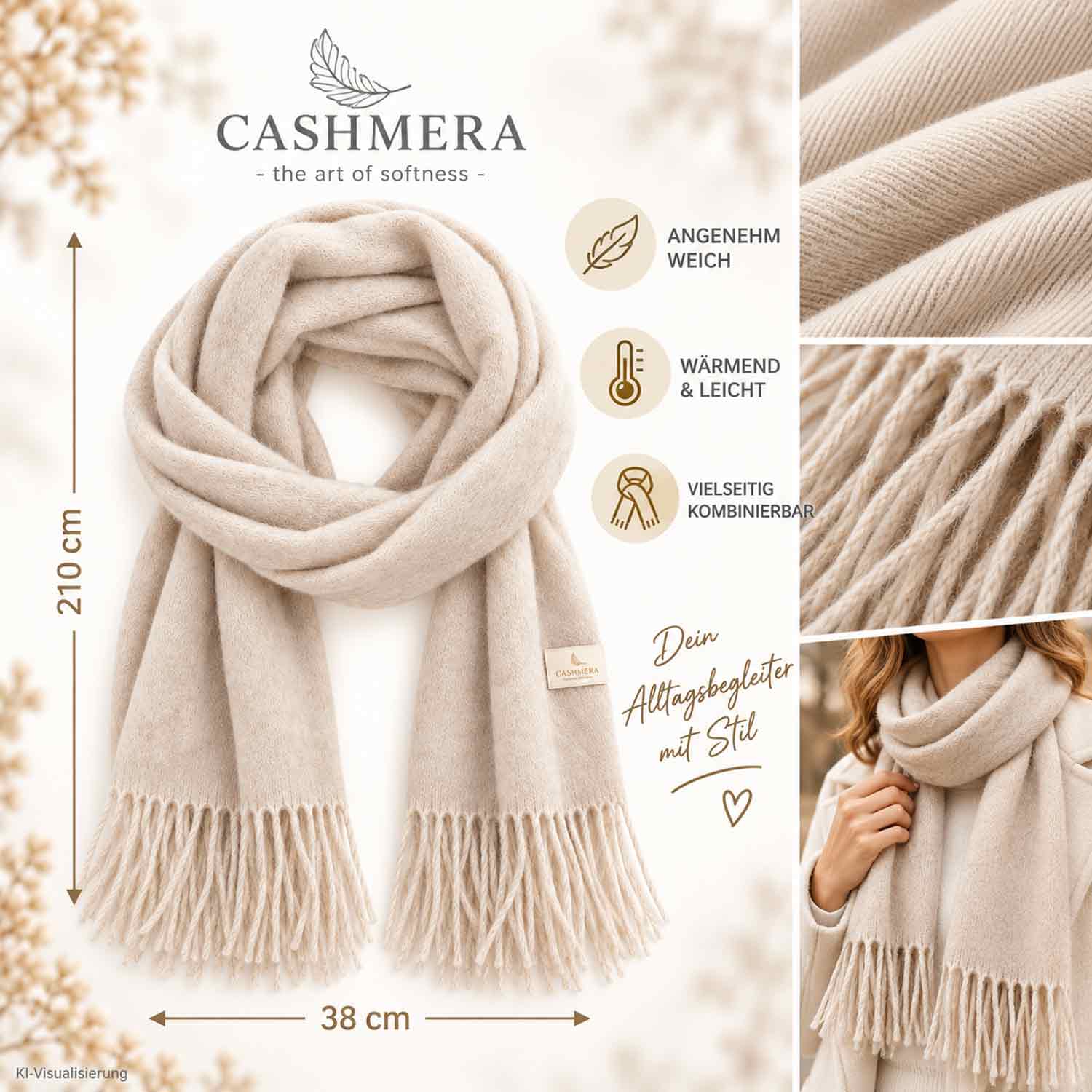 Cashmera Damen Winterschal - beige Abbildung 3