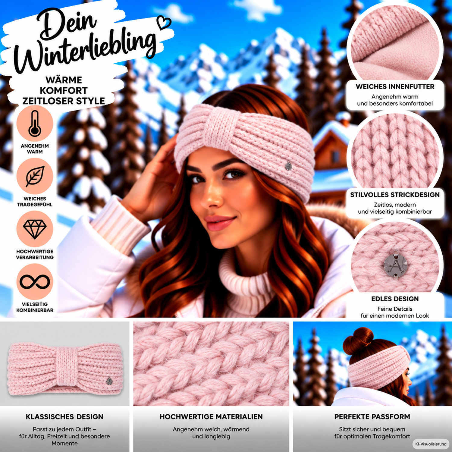 Antonio Headband Winter Bow With Fleece - pink Abbildung 3
