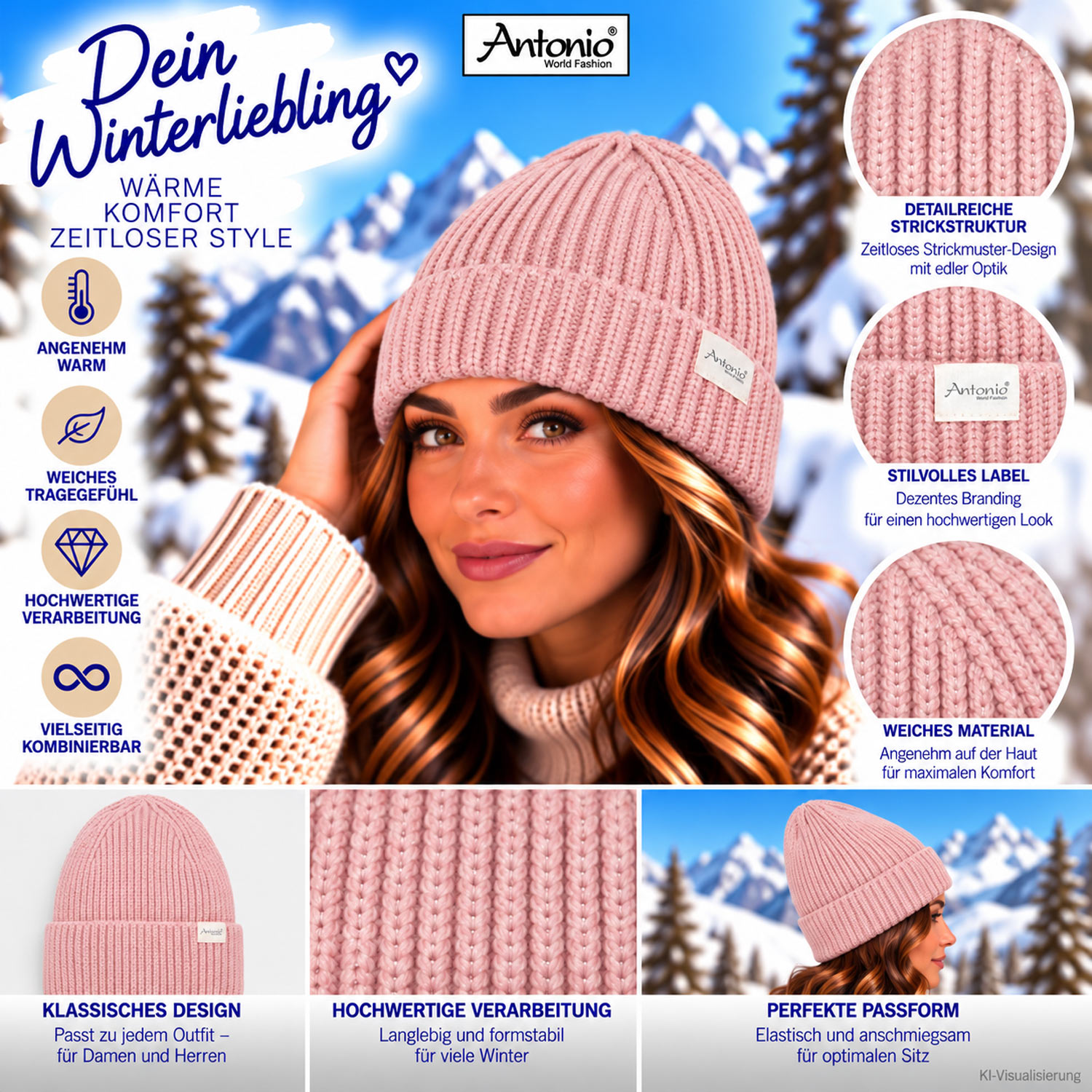 Antonio Strickmütze Beanie mit Lurex und Umschlag - rose Abbildung 3