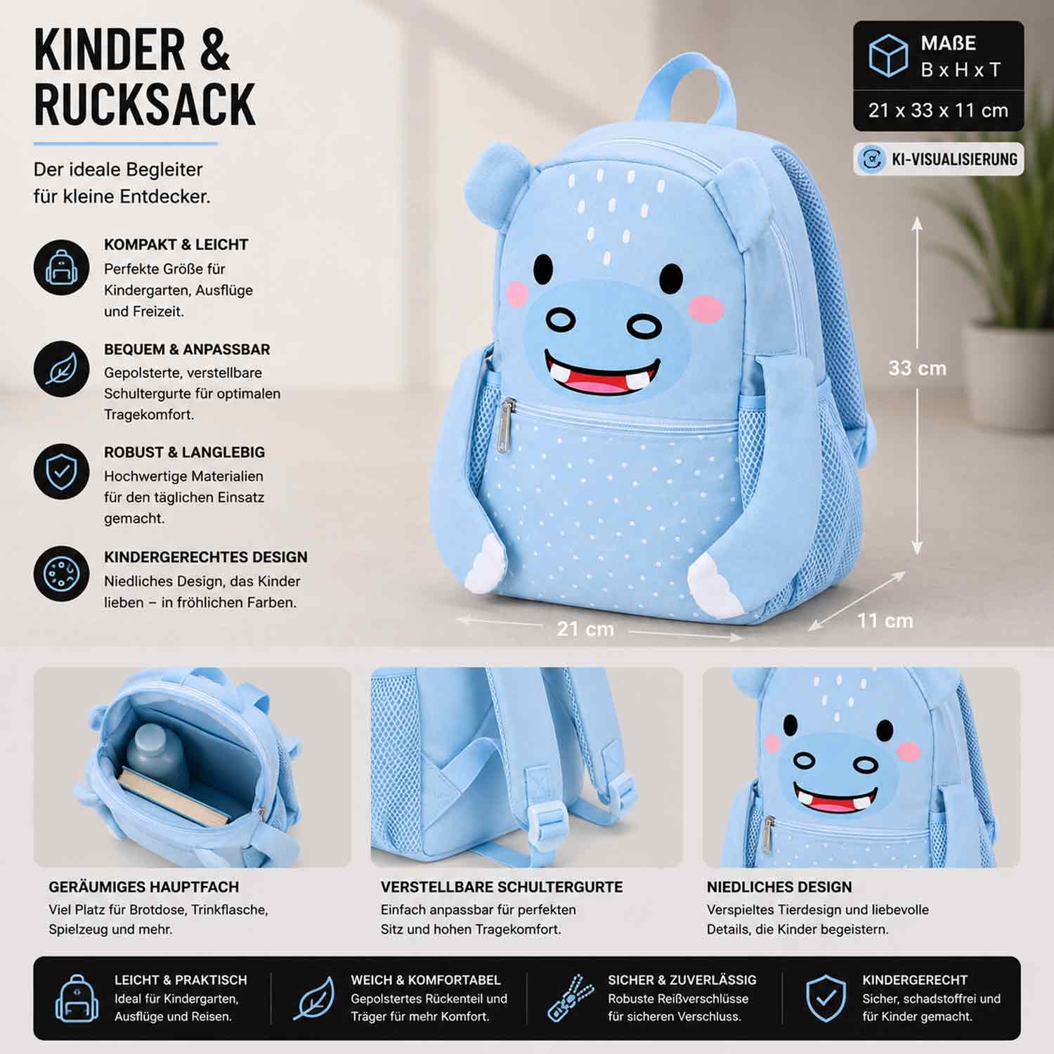Antonio Kinder Rucksack - Hippo Abbildung 3