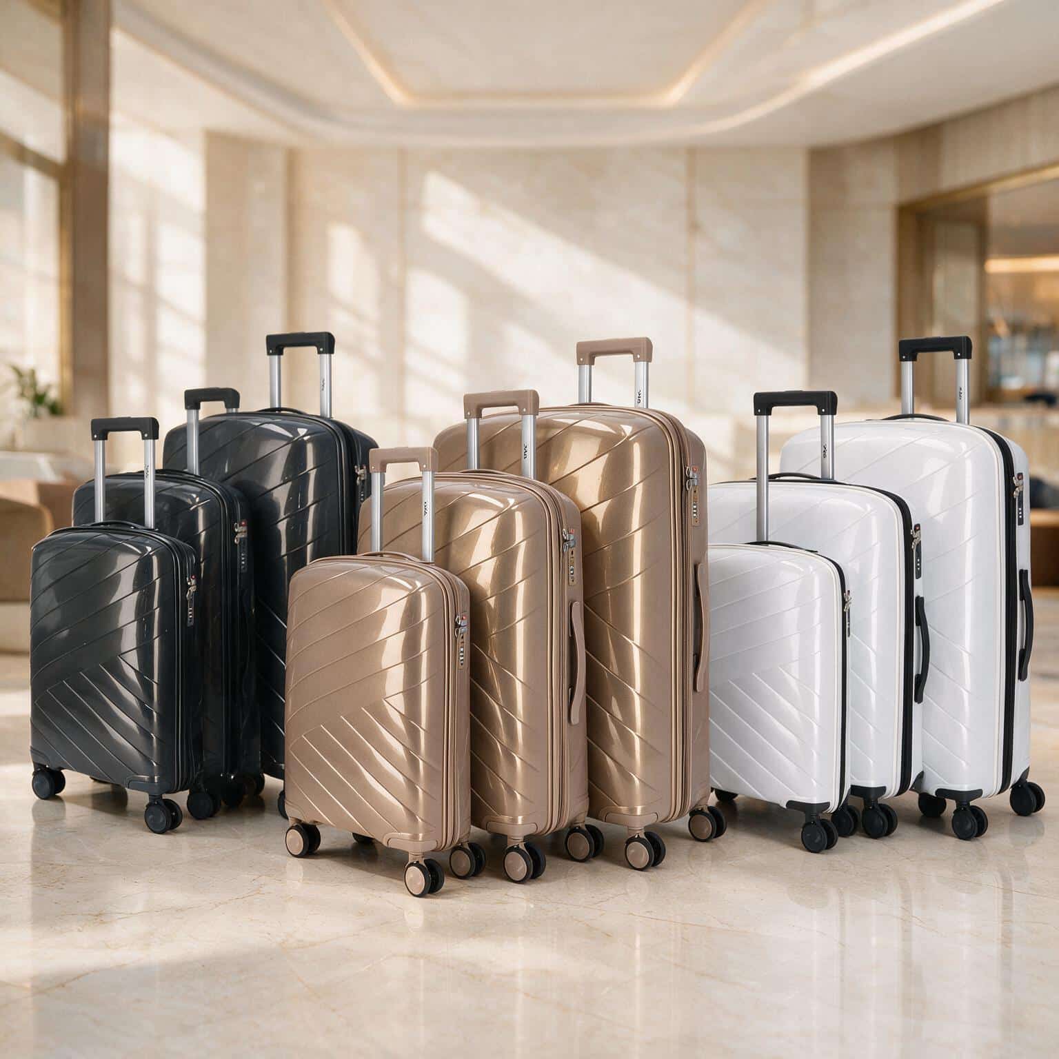DYX Dubai Kofferserie in Grau, Weiß und Gold – dreiteilige Hartschalen-Sets
