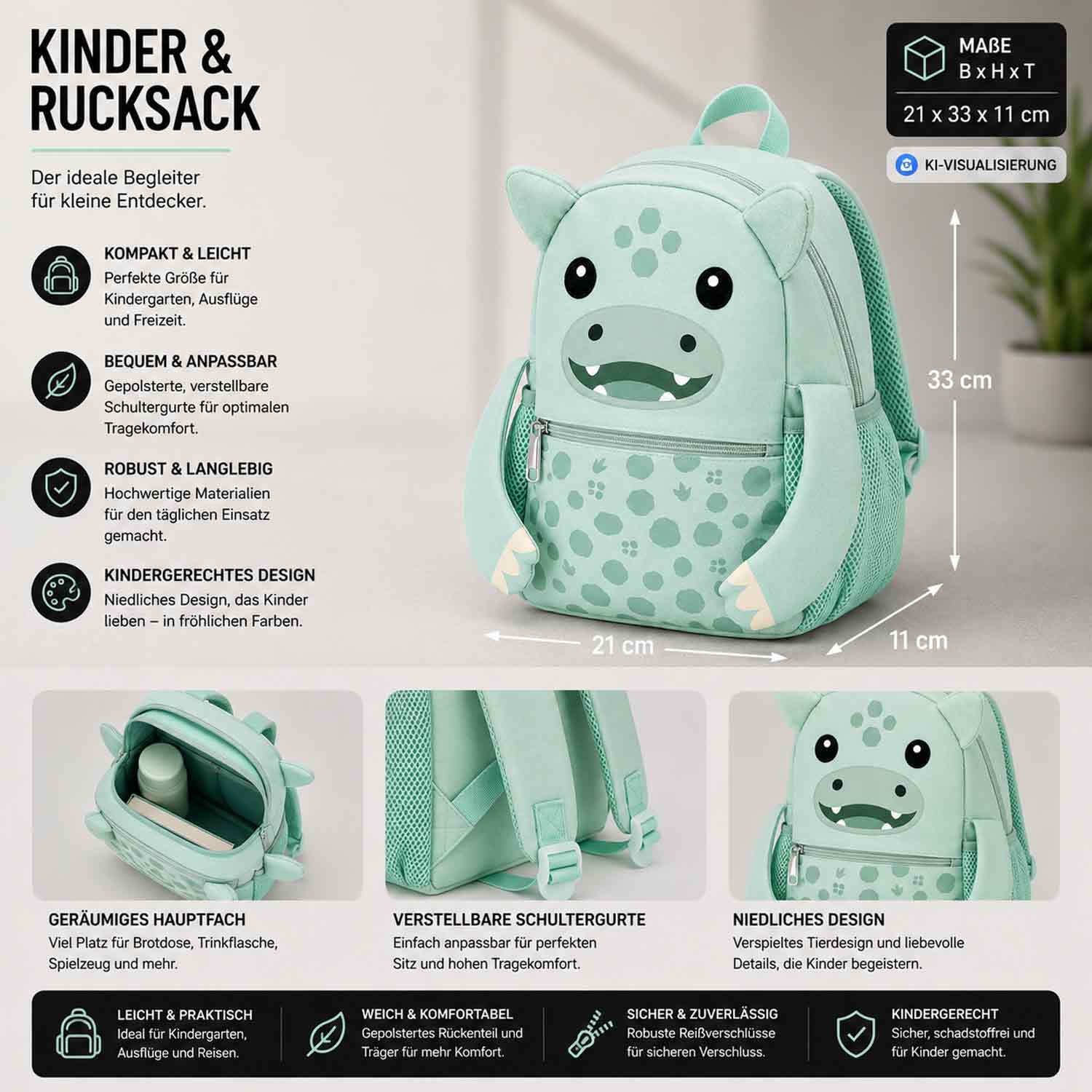Antonio Kinder Rucksack - Dino green Abbildung 3