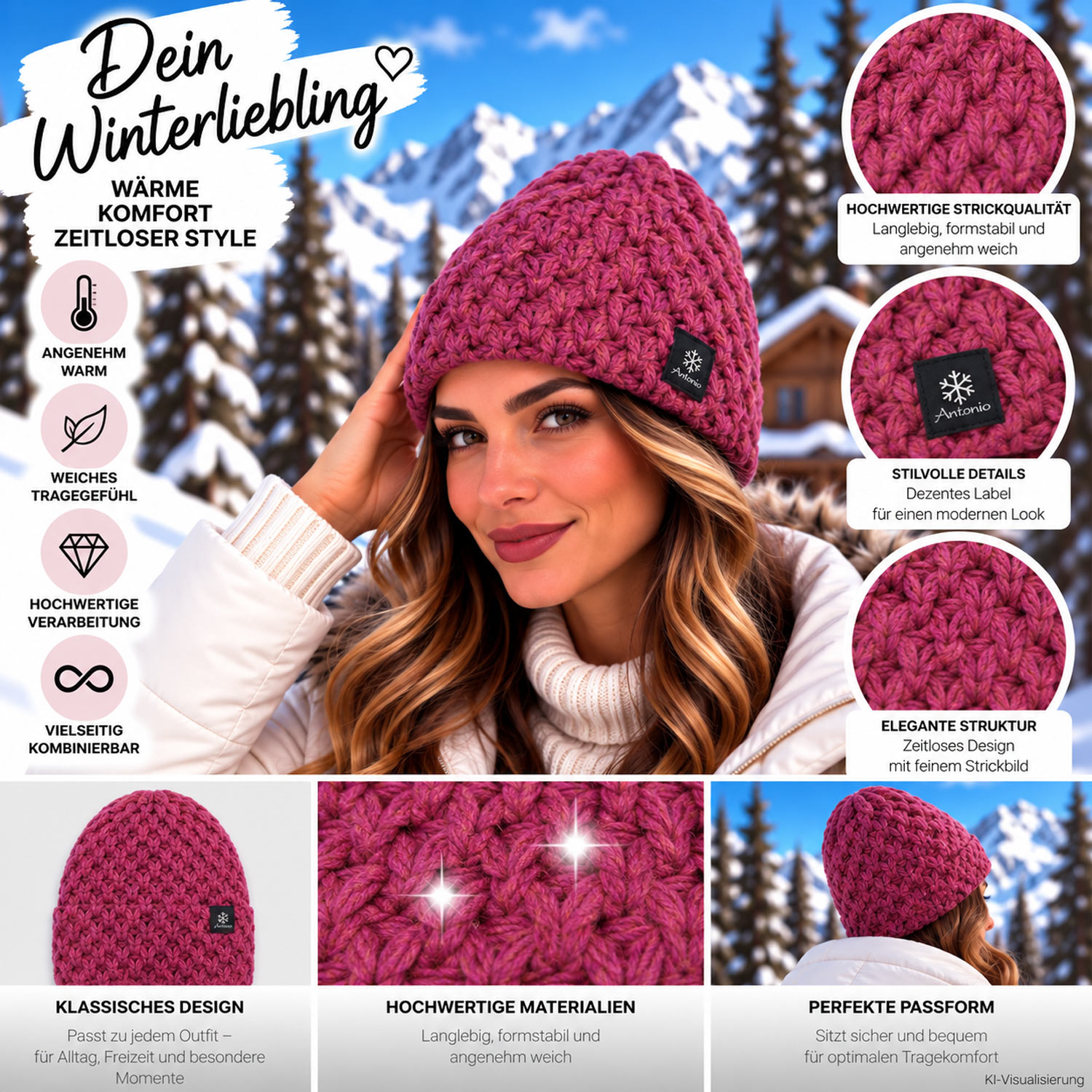 Antonio Damen Winter Strickmütze - -berry Abbildung 3