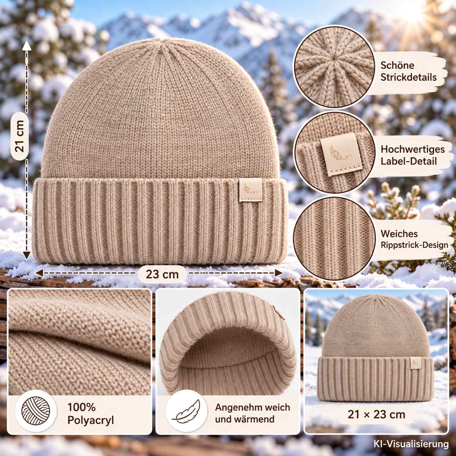 Cashmera Beanie Strickmütze mit Umschlag - kakhi Abbildung 3