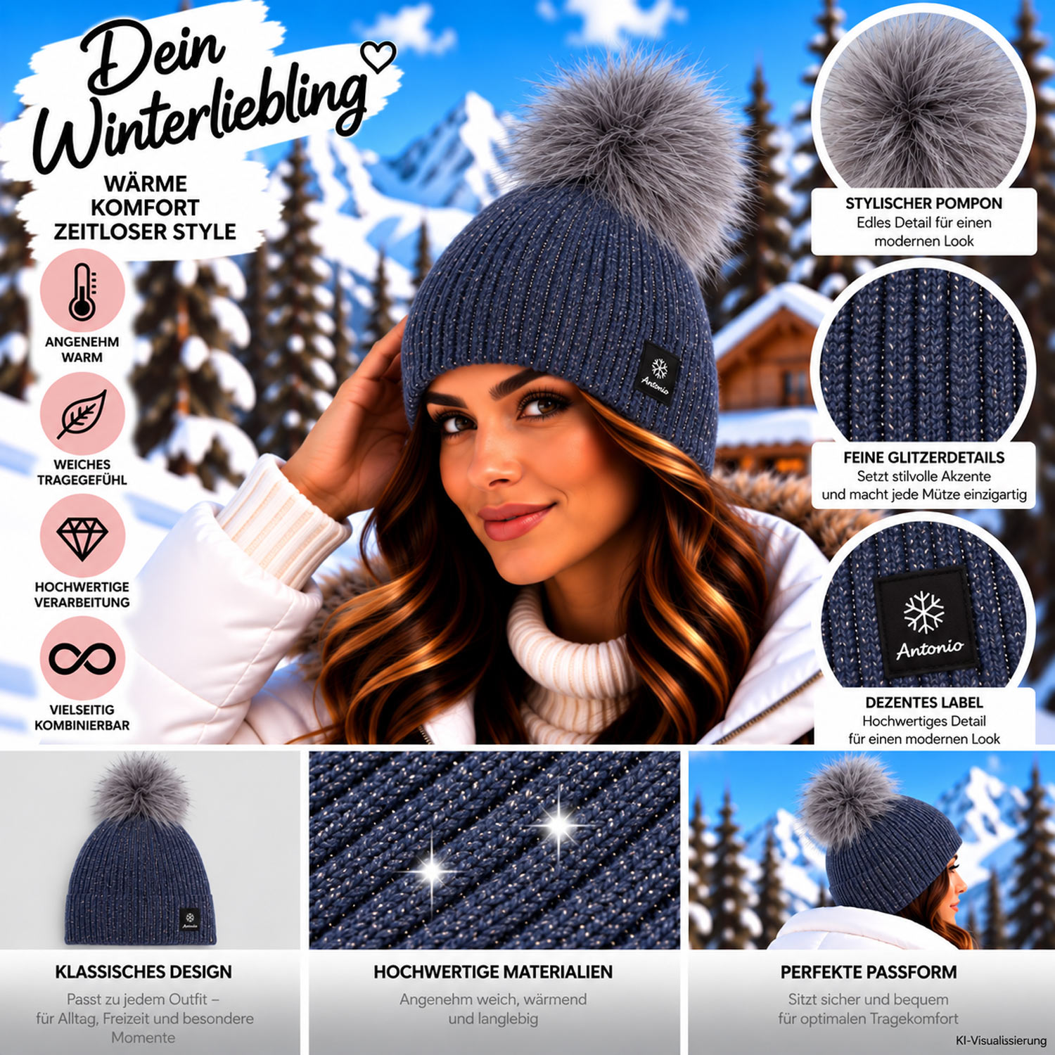Antonio Damen Winter Strick Mütze Beanie - petrol Abbildung 3