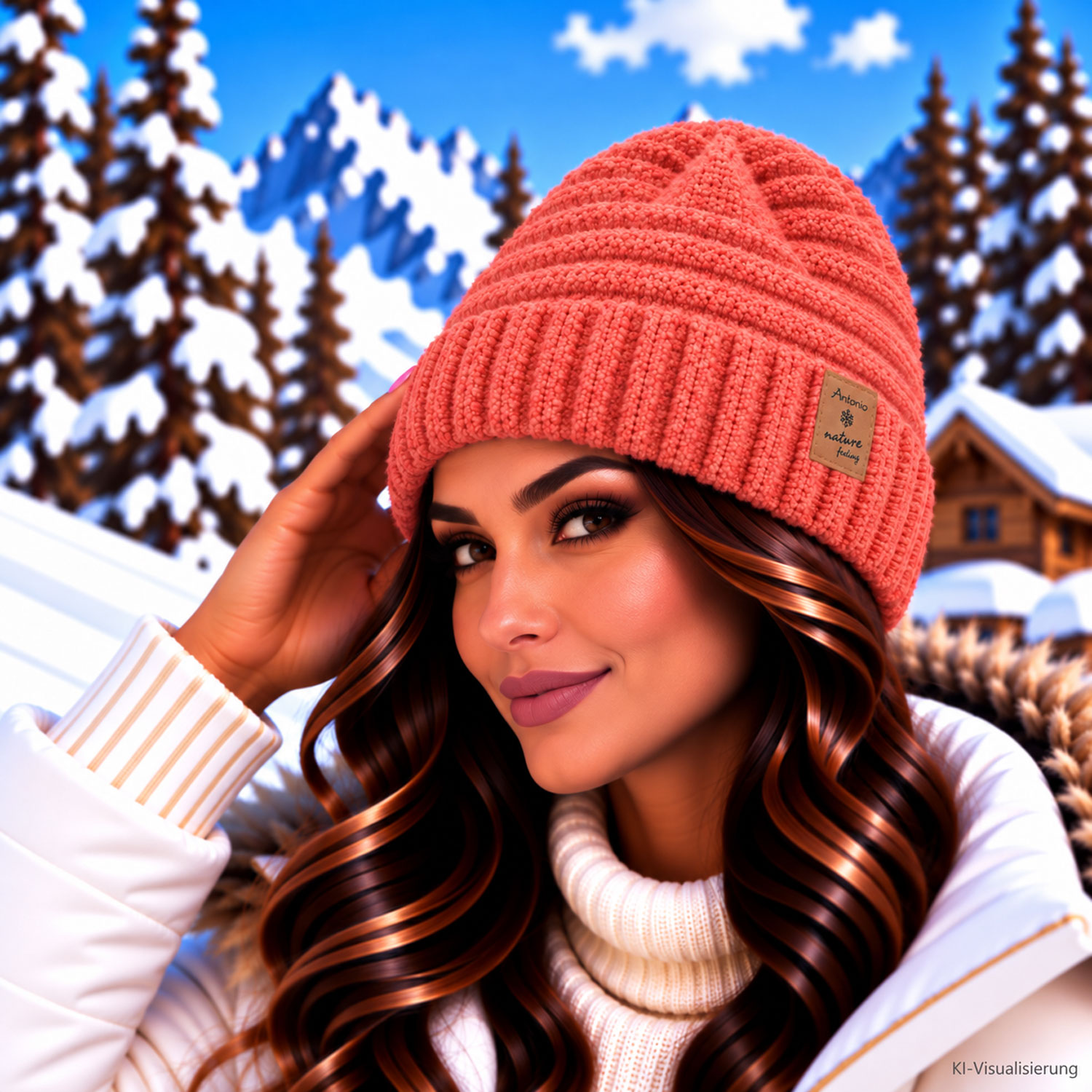Antonio Damen Strick Mütze Bouclé Beanie - rot Abbildung 2