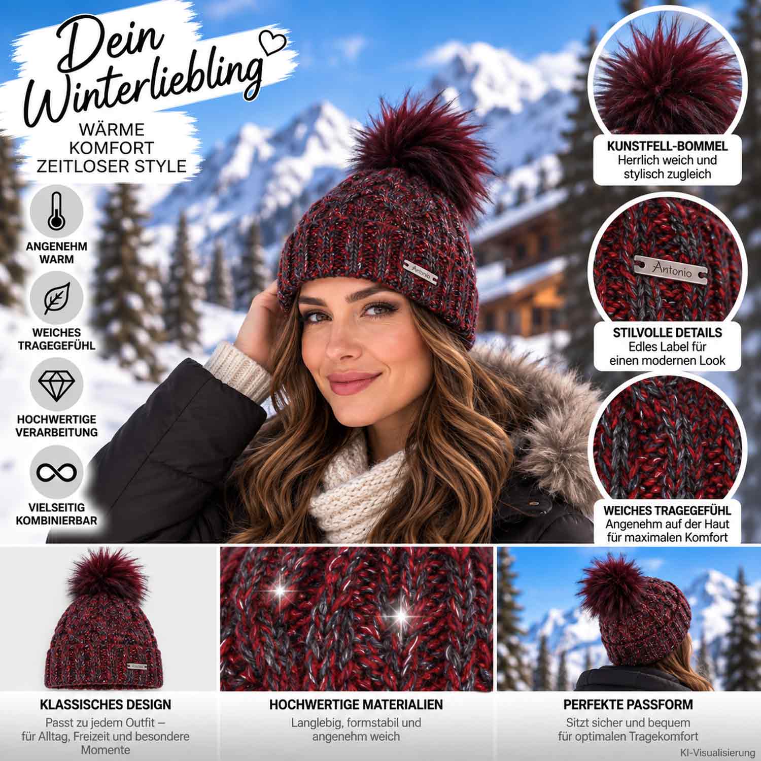 Antonio Damen Strick Mütze Beanie - rot Abbildung 3